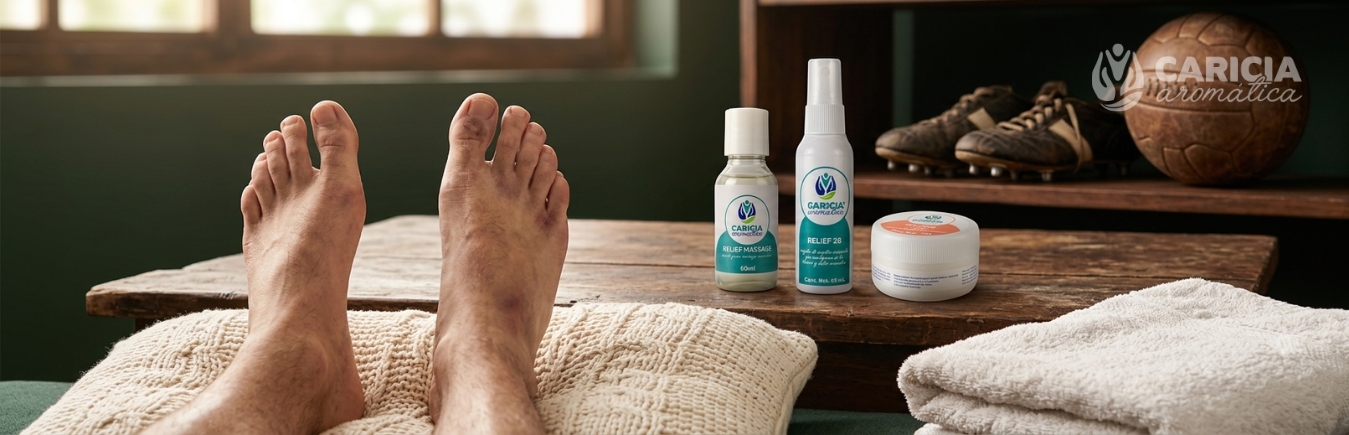 Tubo de bálsamo post-partido RELIEF MASSAGE y spray RELIEF 28 sobre mesa de madera, con pies descansando y botas de fútbol al fondo. Productos de alivio y bienestar para papá deportista. Caricia Aromática.