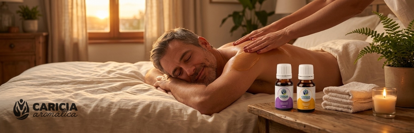 Hombre recostado recibiendo masaje relajante con aceites esenciales de mandarina, lavanda, pasiflora y melisa. Ambiente de dormitorio cálido para masaje de campeonato papá. Caricia Aromática.