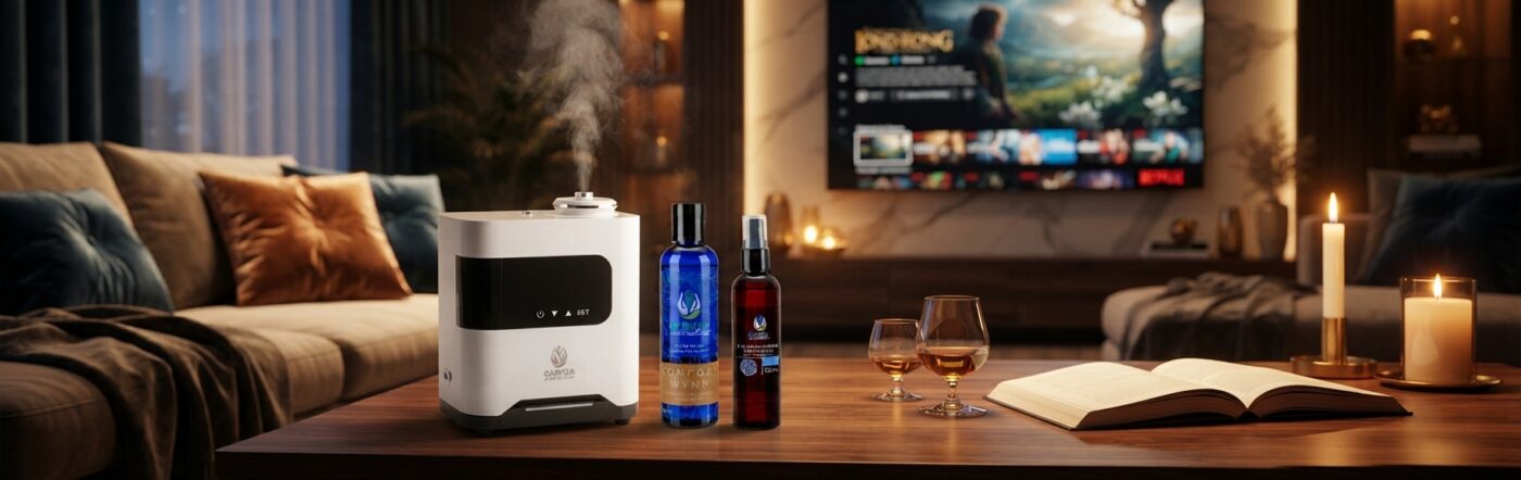 Difusor Aromática 1.000 blanco emitiendo vapor y aceites esenciales de lujo CONFORT WYNN y Brisa REANIMANTE en sala elegante con iluminación cálida para noche de cine. Caricia Aromática.