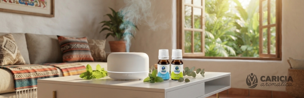Difusor y aceites esenciales refrescantes de menta y eucalipto para combatir el calor.Caricia Aromática