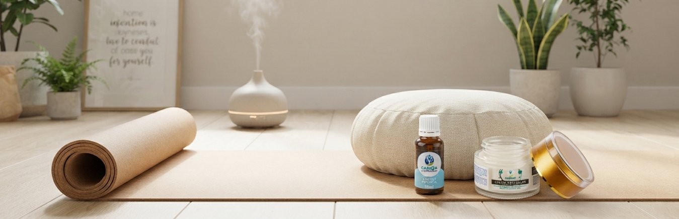Espacio de meditación con aceites esenciales para practicar aromaterapia para yoga.
