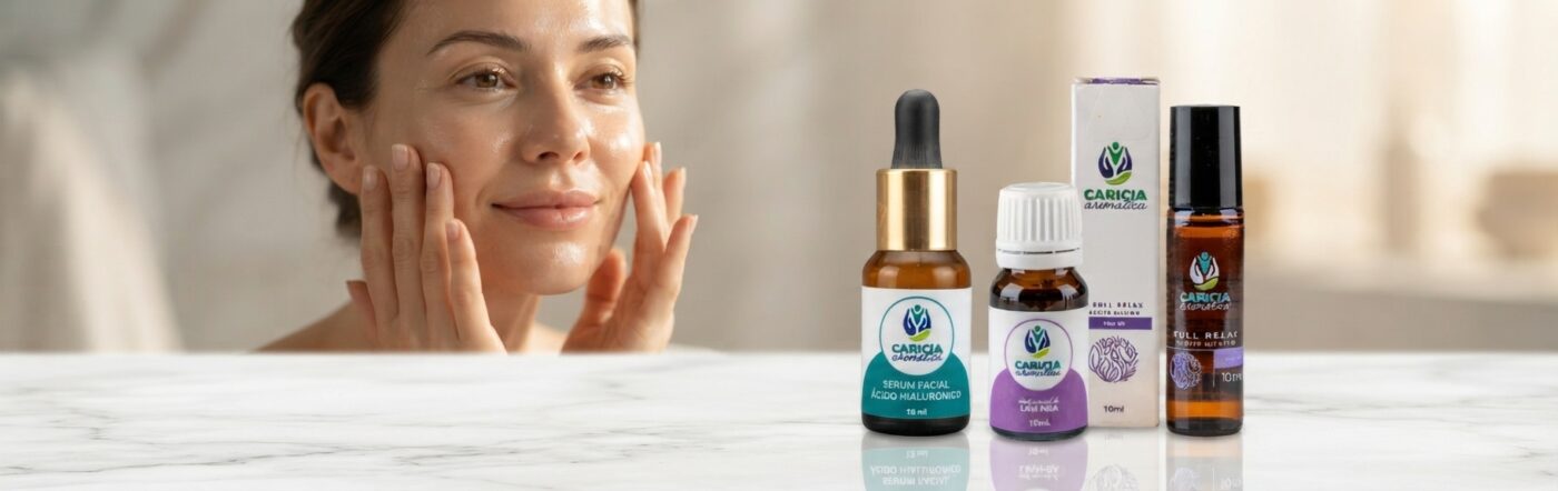 Botellas de serum botánico y aceites esenciales para una rutina de cuidado facial natural.Caricia Aromática