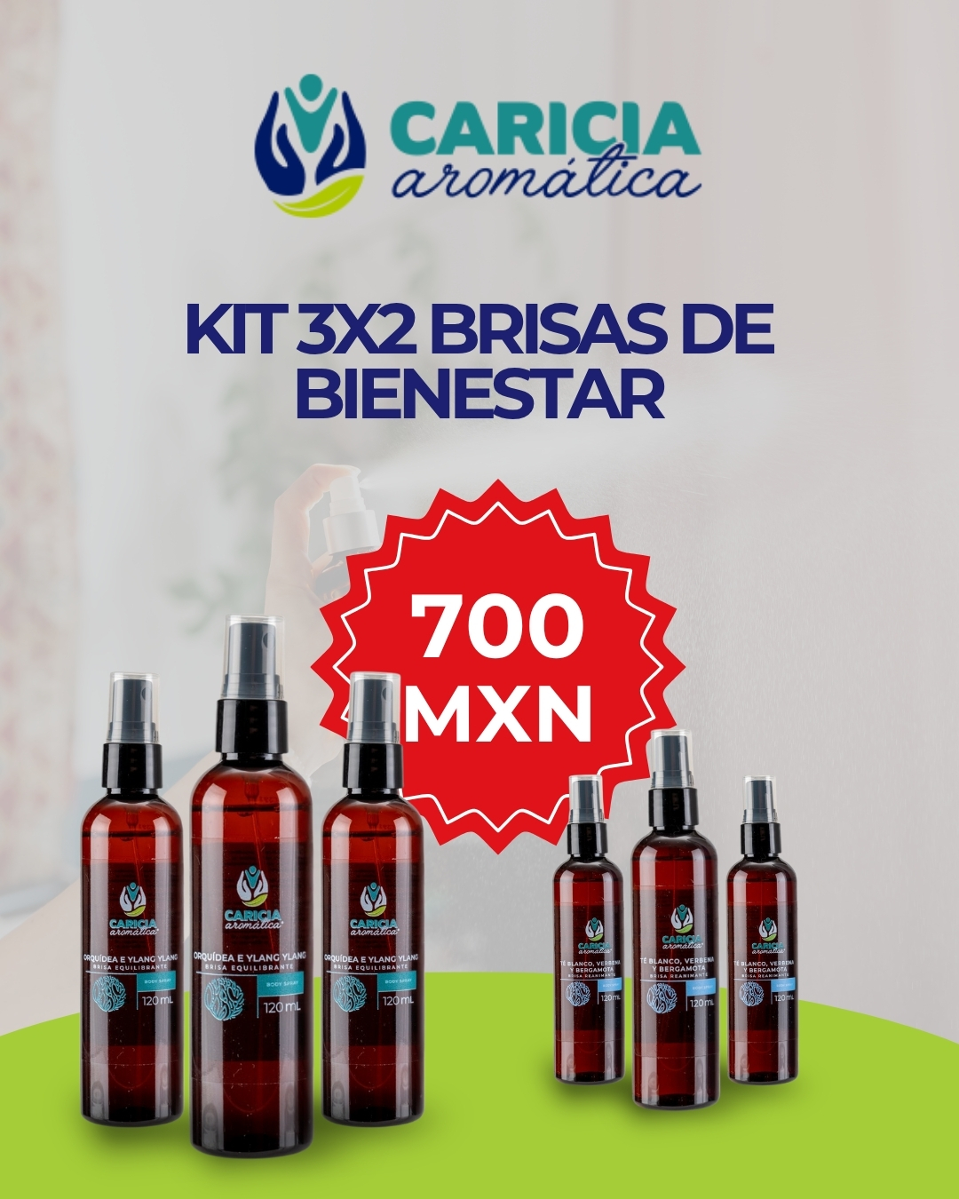 Kit de tres brisas de aceites esenciales idénticas de 120ml en promoción de Caricia Aromática.