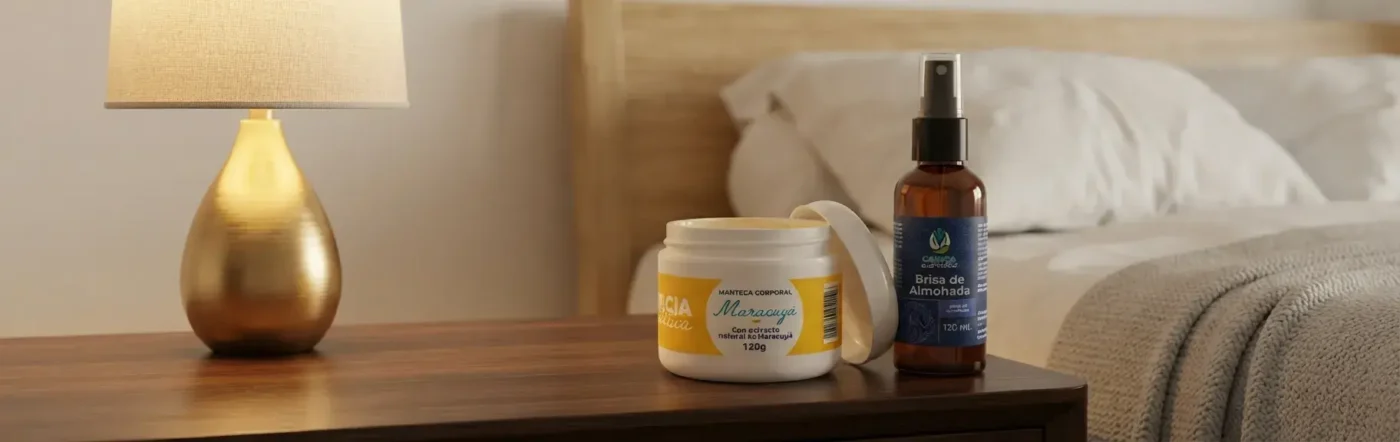 Persona aplicando crema corporal y disfrutando de la aromaterapia para el descanso en una habitación relajante.