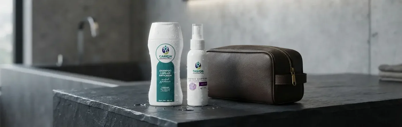 Aplicación de tónico capilar para caballero en el cuero cabelludo para prevenir la calvicie de forma natural.