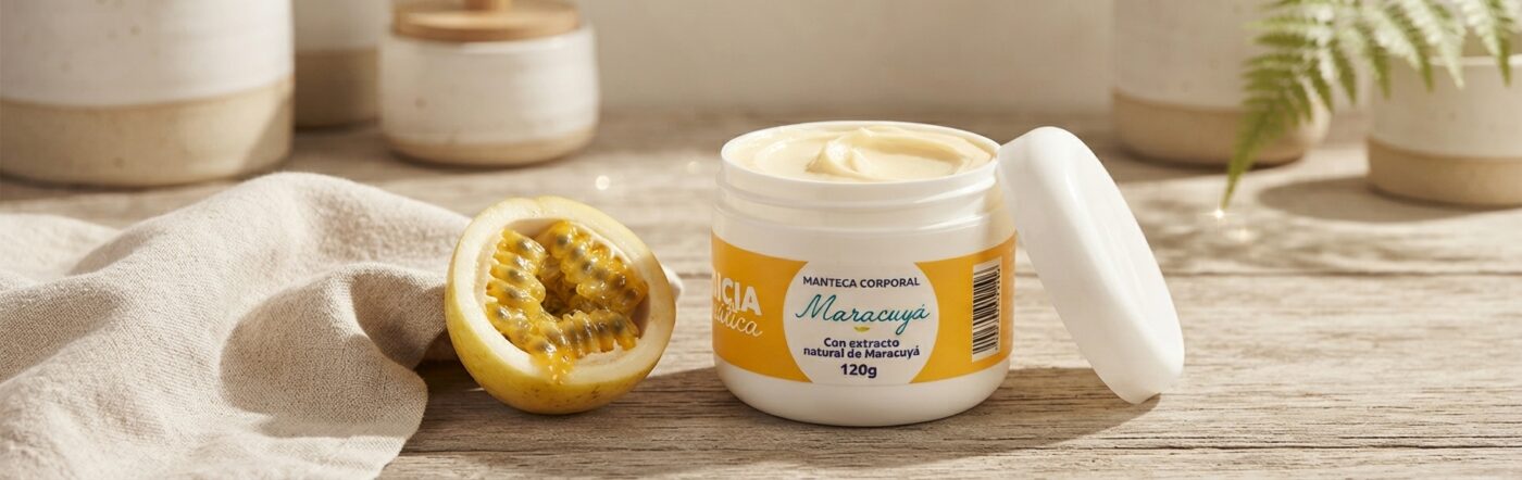 Aplicación de manteca corporal de maracuyá en las manos secas para una nutrición y suavidad instantánea.