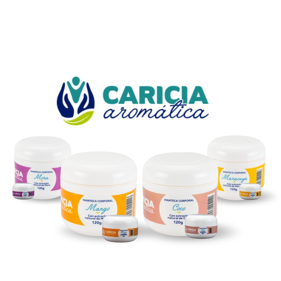 Selección de mantecas corporales naturales de Caricia Aromática en tamaños de 120g y 40g.